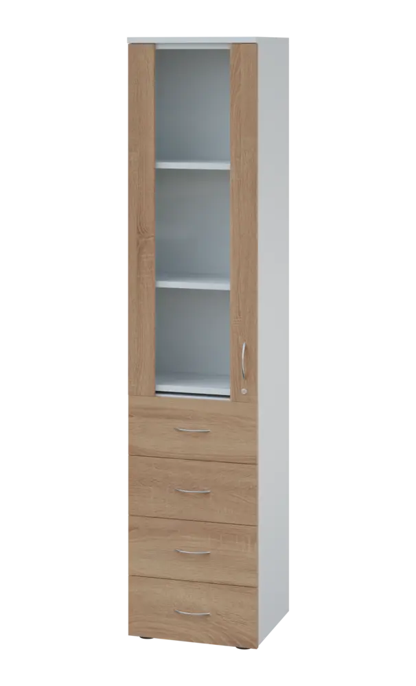 LE - 44 skříň léková prosklená, levá, korpus bílý, dvířka dub bardolino